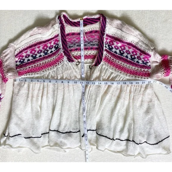 Free People Dreamland Knit Cardigan Womans Small Ivory Pink Balloon Sleeves - Picture 14 of 14